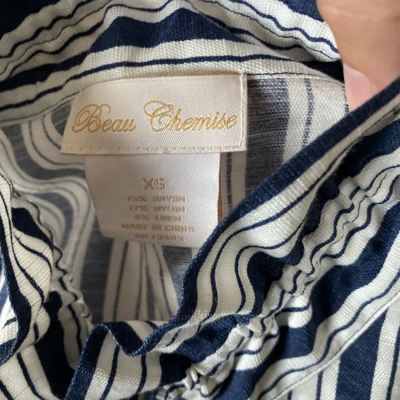 Beau Chemise Navy White Striped Ruffle Collar Button Front Tunic Blouse - Picture 6 of 6